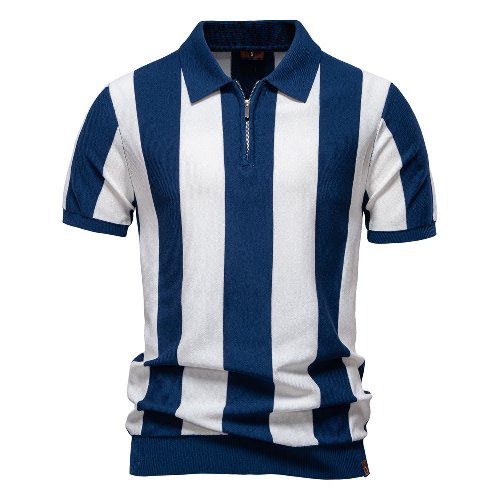 Men's short-sleeved fine knit half-zip polo with distinctive block stripes and Kent collar Mune Fashion