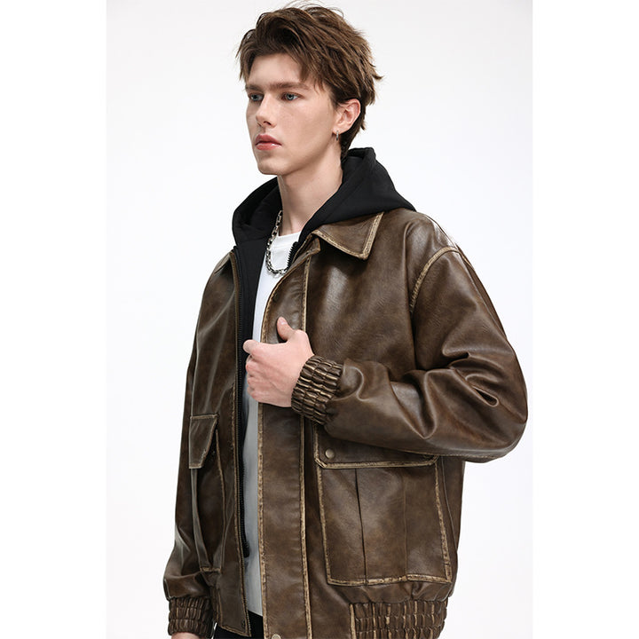 Men's Oversized Faux-Leather Bomber Jacket with Removable Hood and Utility Pockets Mune Fashion