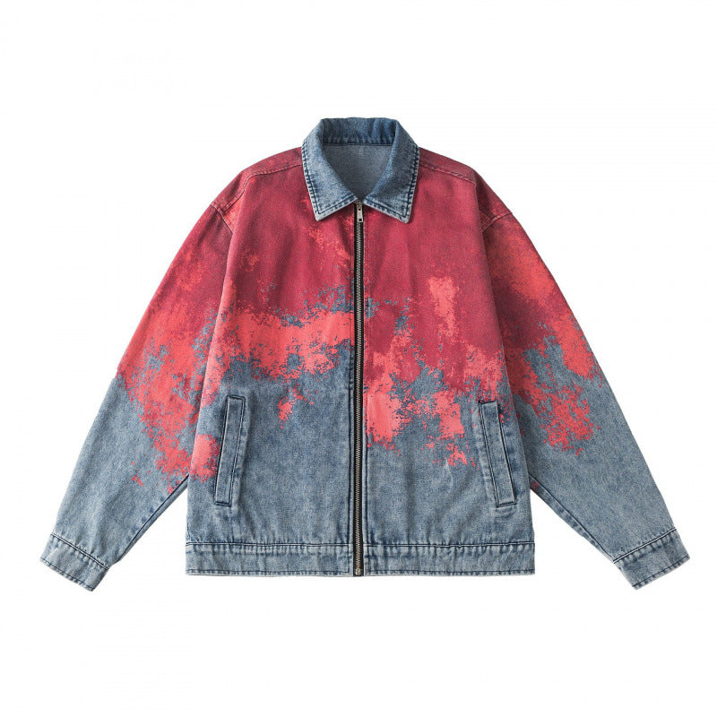 Unisex Oversize Denim Jacket with Gradient Print, Zipper and Shirt Collar Mune Fashion