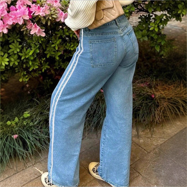 Women's wide High-Waist denim jeans with side contrast stripe Mune Fashion