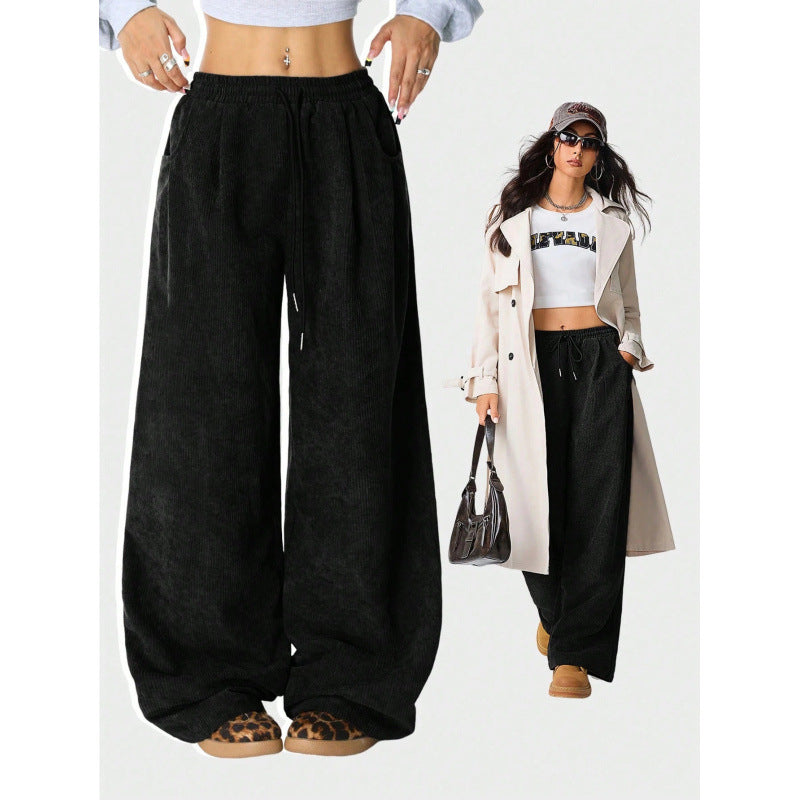 Ladies Wide Cord Pants with High Elastic Waist and Drawstring Mune Fashion