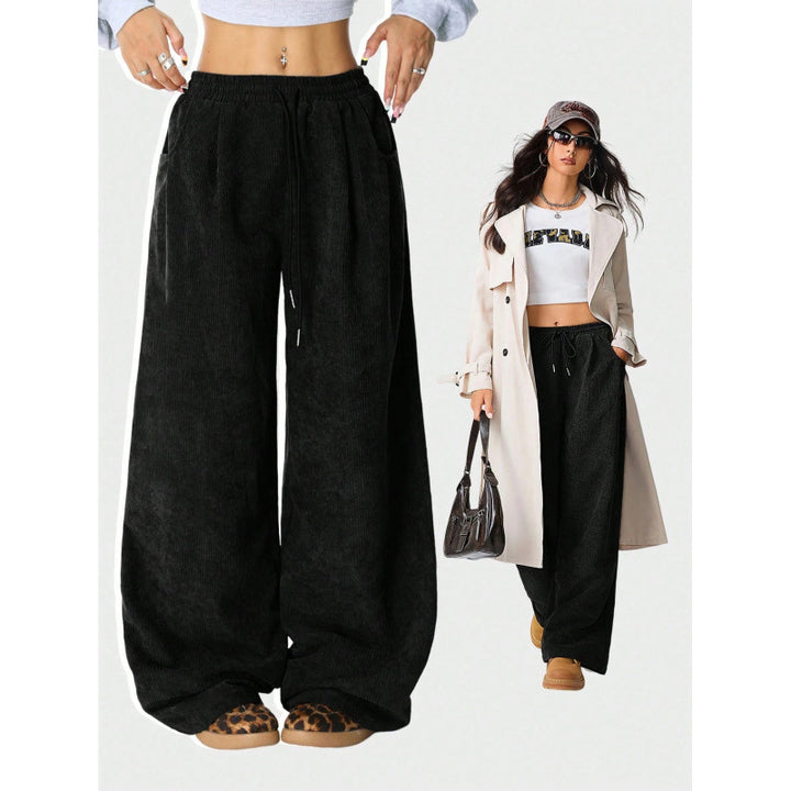 Ladies Wide Cord Pants with High Elastic Waist and Drawstring Mune Fashion