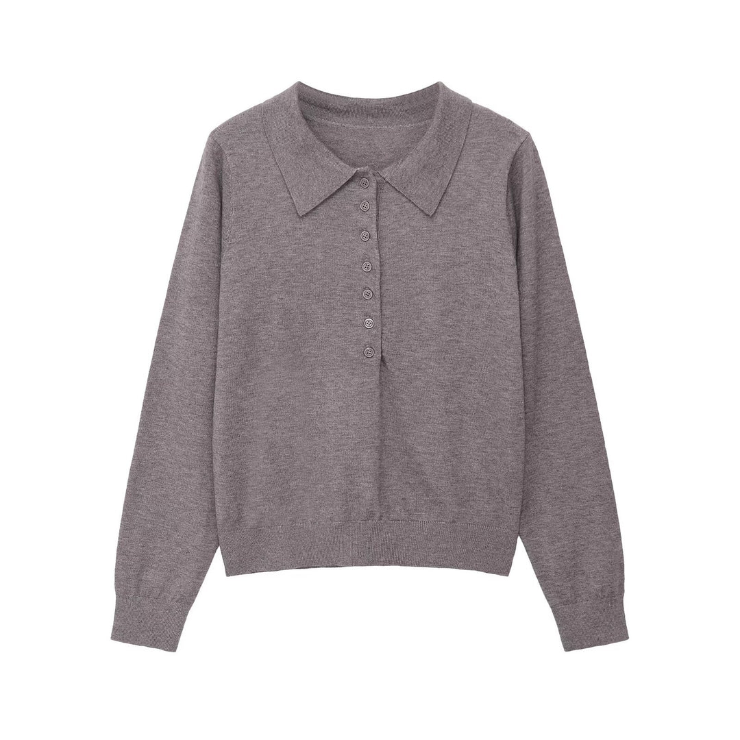 Women’s polo collar fine knit sweater with button placket and ribbed hem Mune Fashion