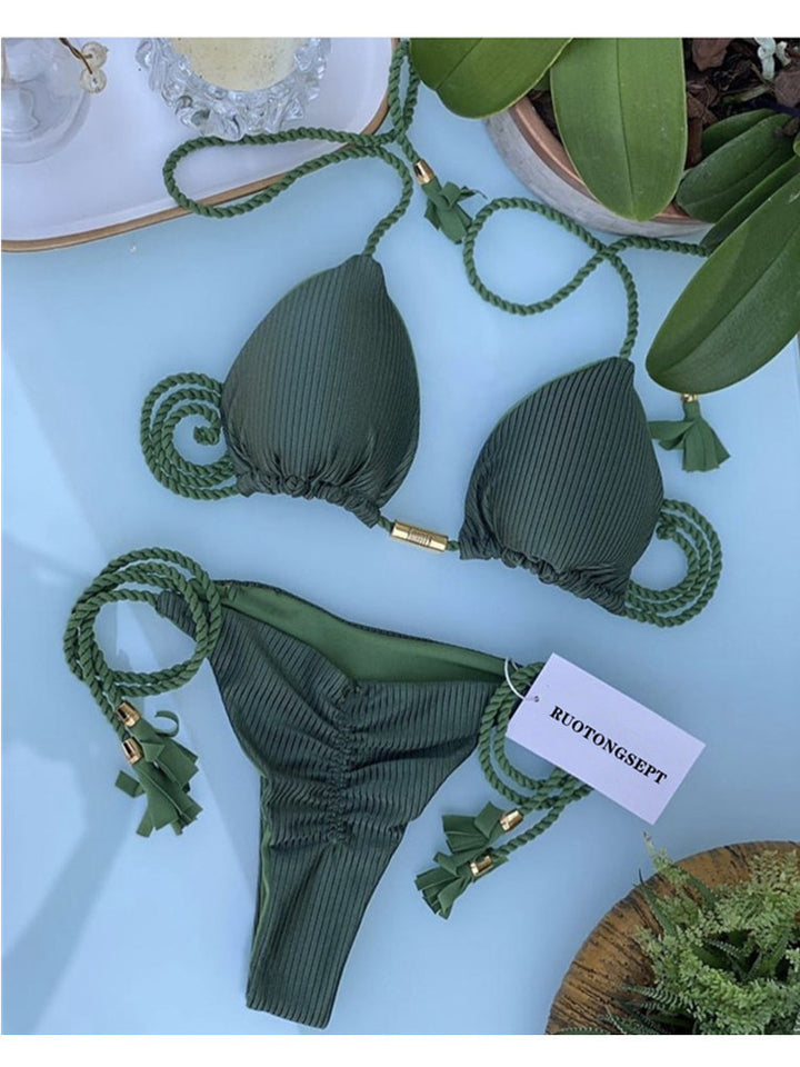 Ladies' triangle bikini with trendy leopard pattern and decorative tassels Mune Fashion