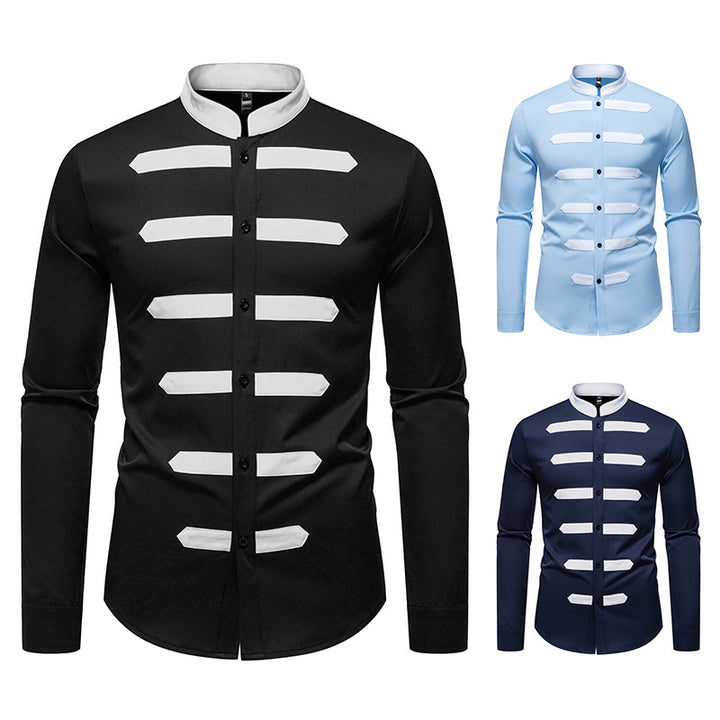 Men's Slim-Fit Shirt with Stand Collar and Decorative Piping Stripes Mune Fashion