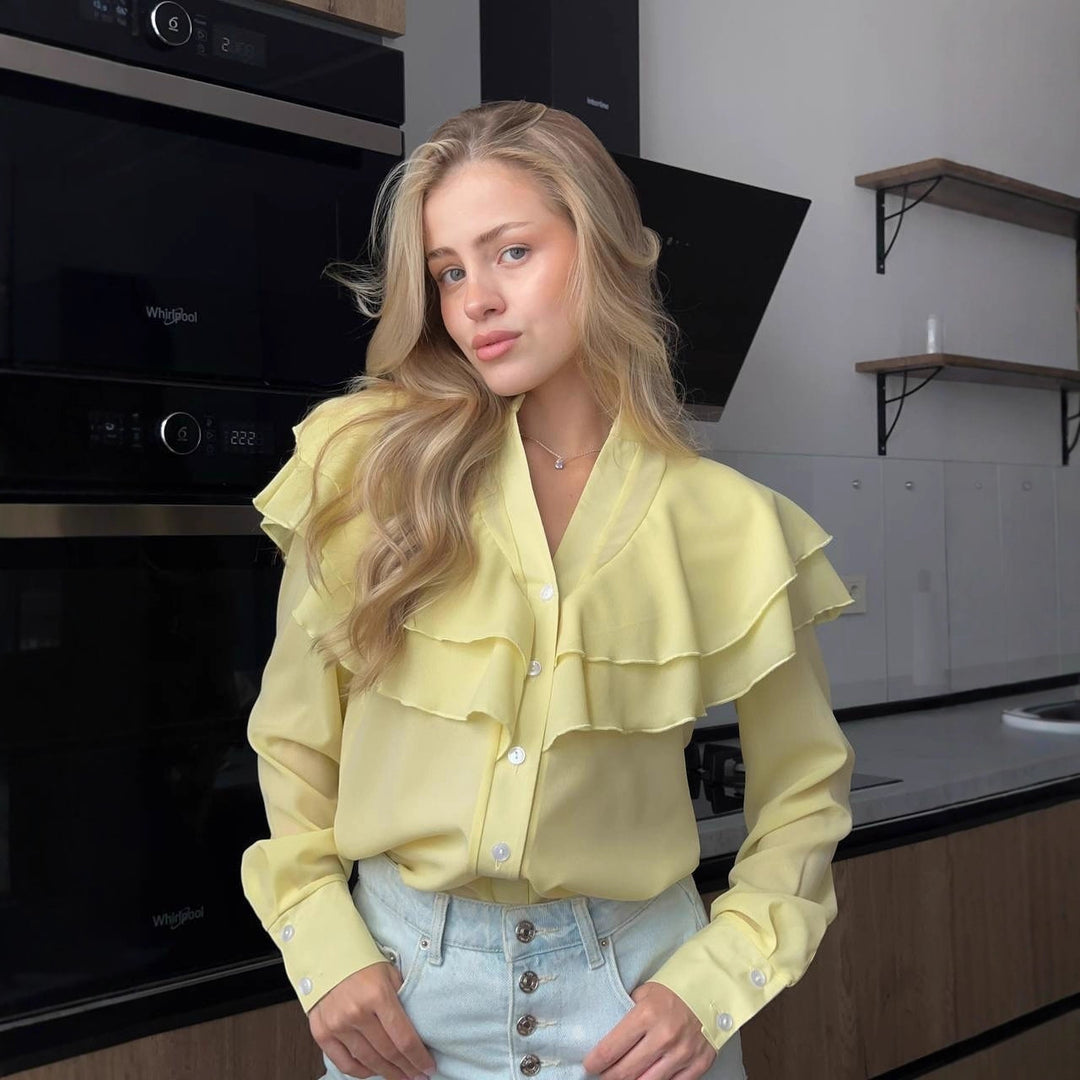 Women's chiffon blouse with layered ruffle and pearl buttons Mune Fashion