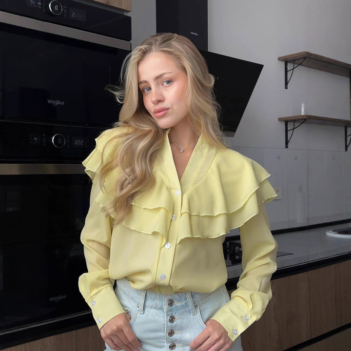 Women's chiffon blouse with layered ruffle and pearl buttons Mune Fashion