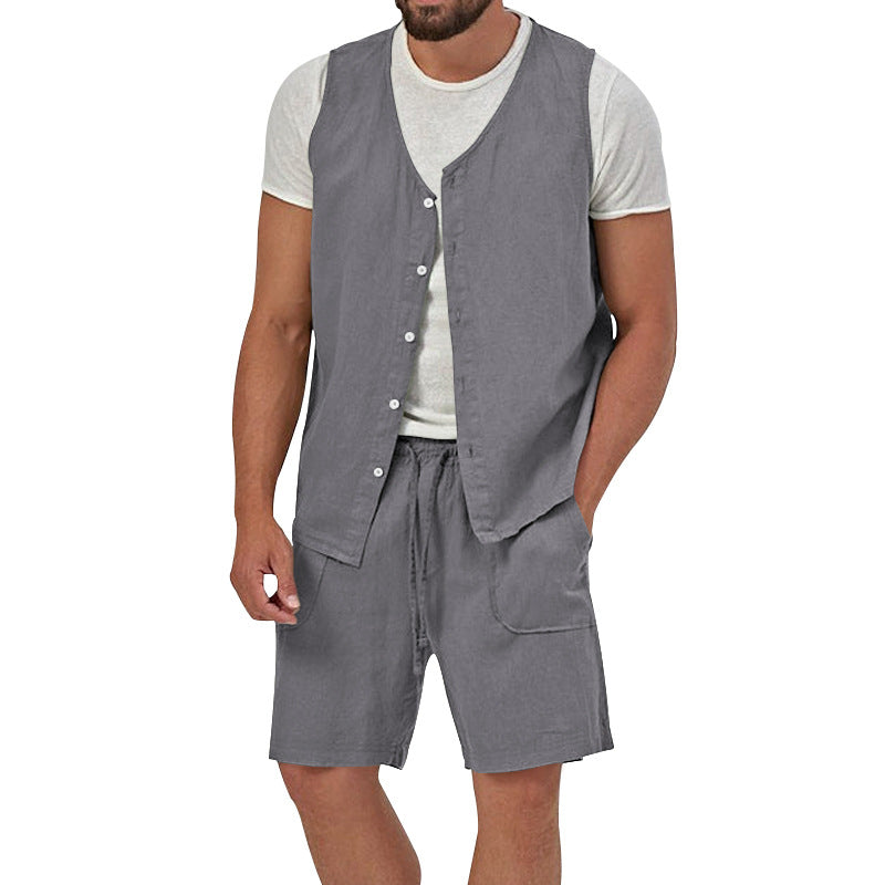 Men's two-piece leisure set with sleeveless button vest and wide drawstring shorts with patch pockets Mune Fashion