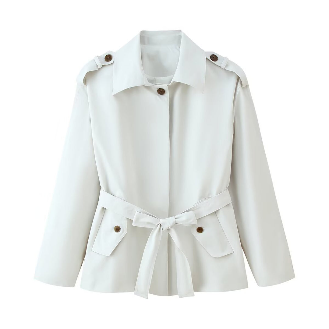 Women's short trench coat with waist belt, shoulder flaps, and patch pockets Mune Fashion