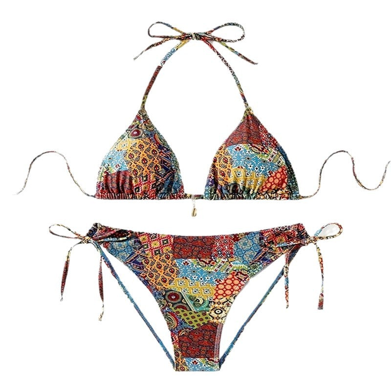 Women's triangle bikini with creative multicolor pattern and decorative pendant Mune Fashion