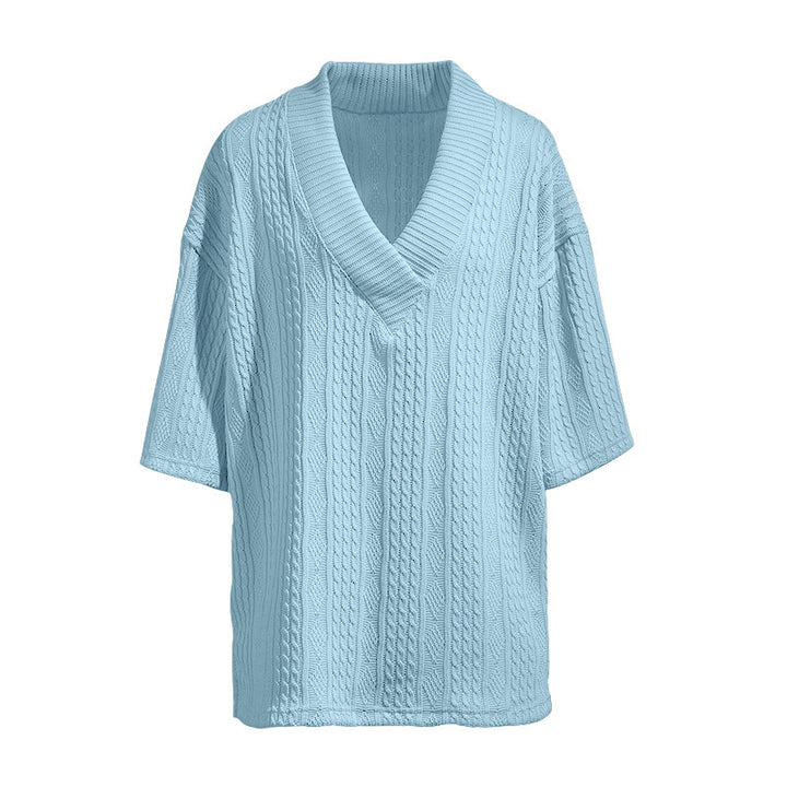 Women's short-sleeve knitted sweater in a loose fit with deep V-neck and cable pattern Mune Fashion