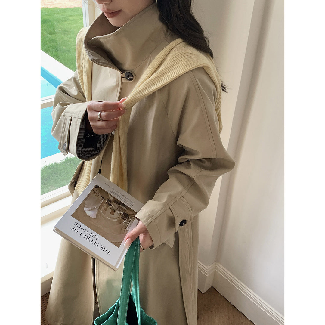 Ladies Longer Trench Coat with High Stand-Up Collar and Raglan Sleeves Mune Fashion