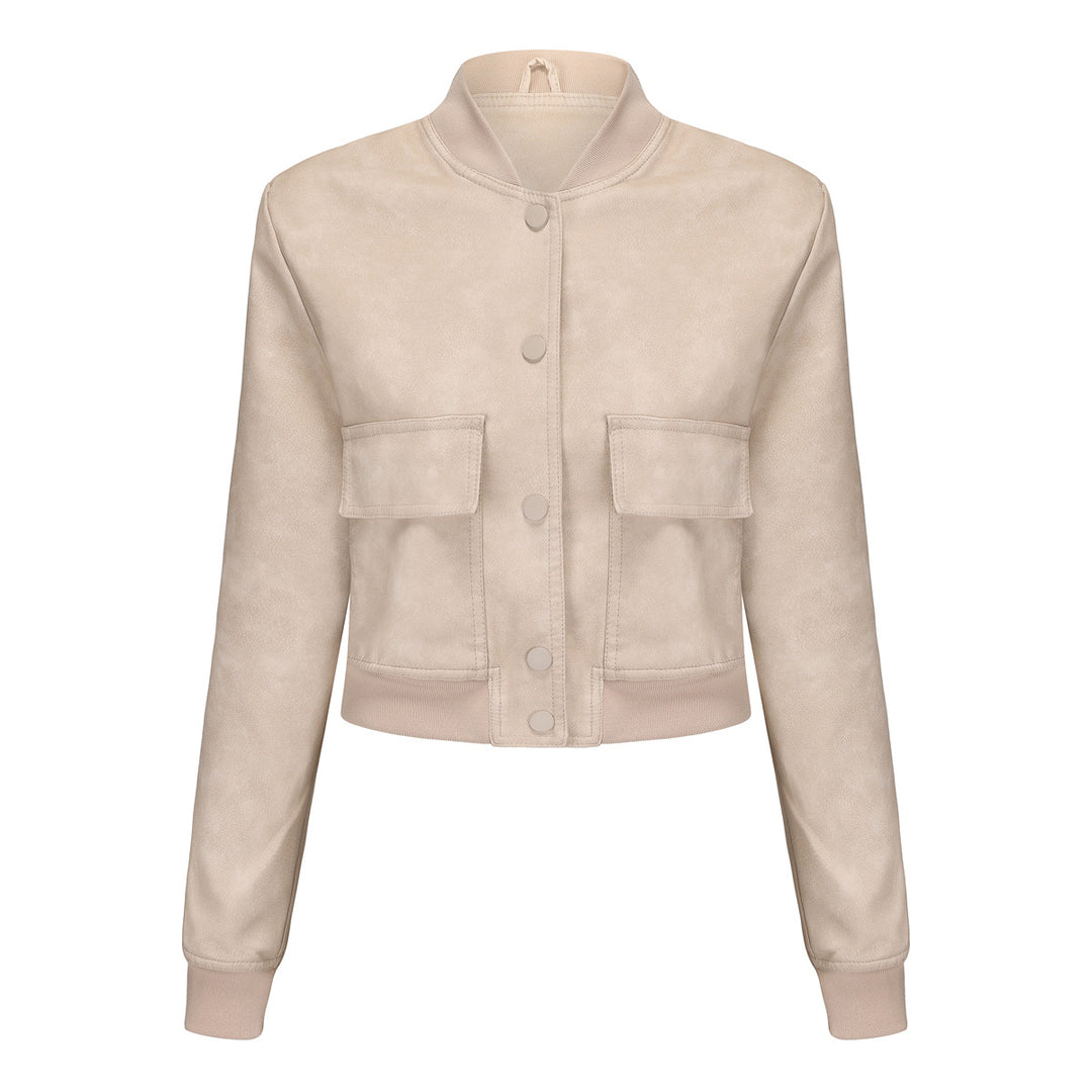 Women's short crop faux leather jacket in blouson style with snap front and flap pockets Mune Fashion