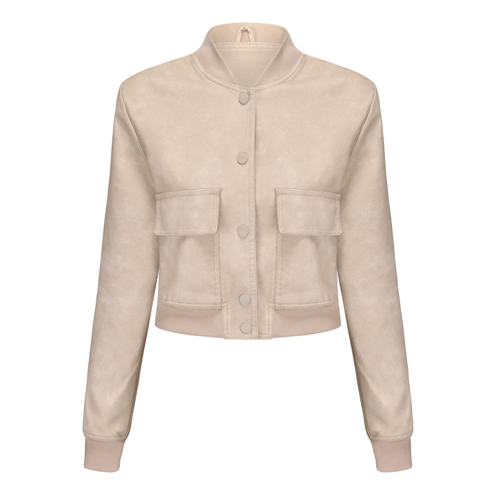 Women's short crop faux leather jacket in blouson style with snap front and flap pockets Mune Fashion