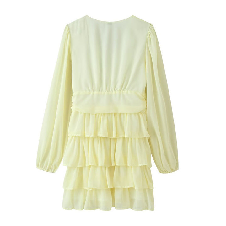 Women's Chiffon Mini Dress with V-Neck, Long Sleeves and Layered Ruffles Mune Fashion