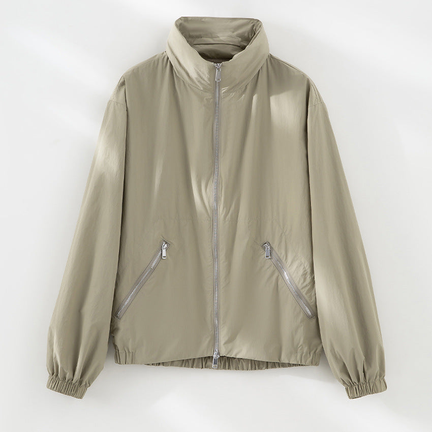 Women's Ultralight Transition Jacket with High Collar, Diagonal Zipper Pockets and Elastic Hem Mune Fashion