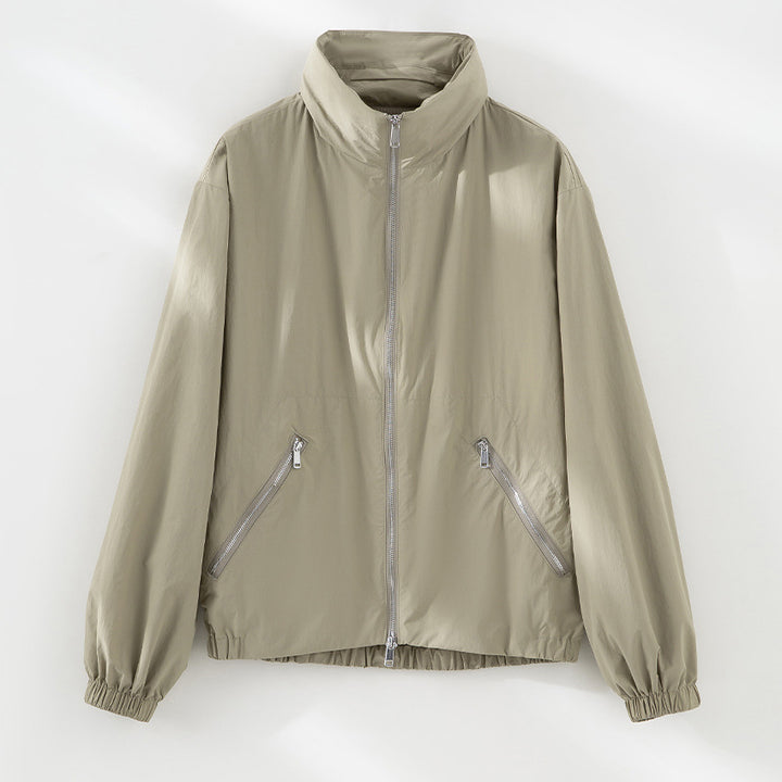 Women's Ultralight Transition Jacket with High Collar, Diagonal Zipper Pockets and Elastic Hem Mune Fashion