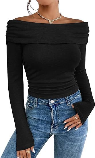 Women's Figure-hugging Off-shoulder Long Sleeve Fine Knit Shirt with Bardot Neckline