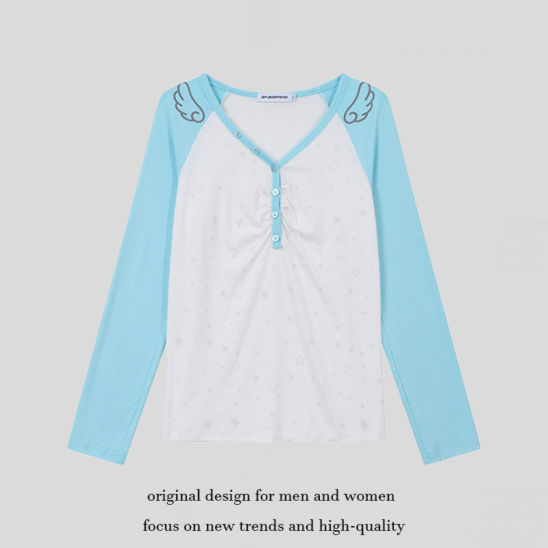 Women's Long Sleeve Henley Shirt with Raglan Sleeves, Gathered and Star Print Mune Fashion