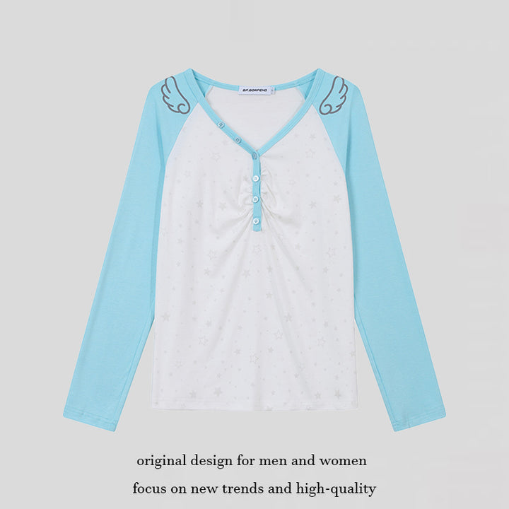 Women's Long Sleeve Henley Shirt with Raglan Sleeves, Gathered and Star Print Mune Fashion