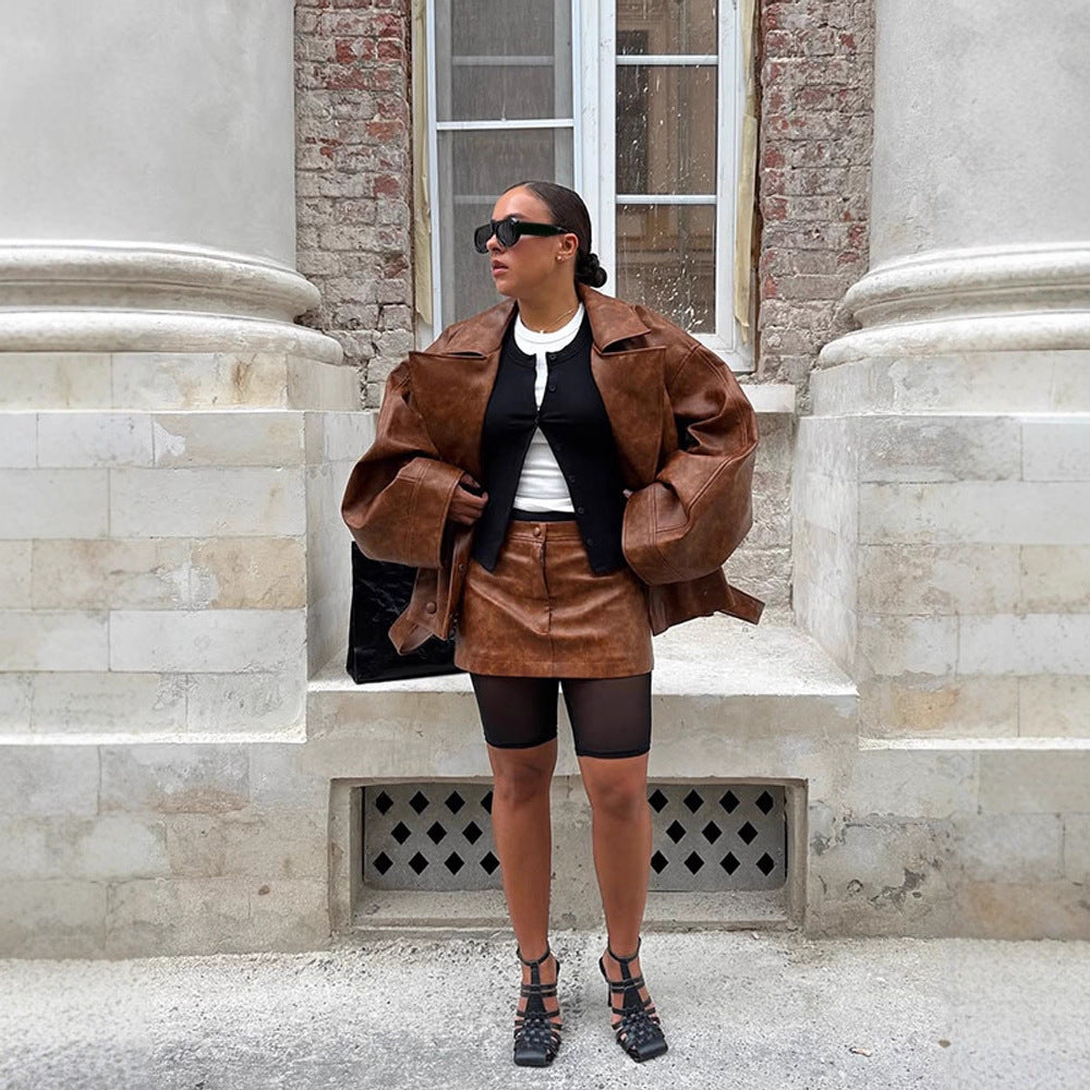 Women's Cropped Boxy Faux Leather Coat with Oversized Lapels and Double-Breasted Button Placket Mune Fashion