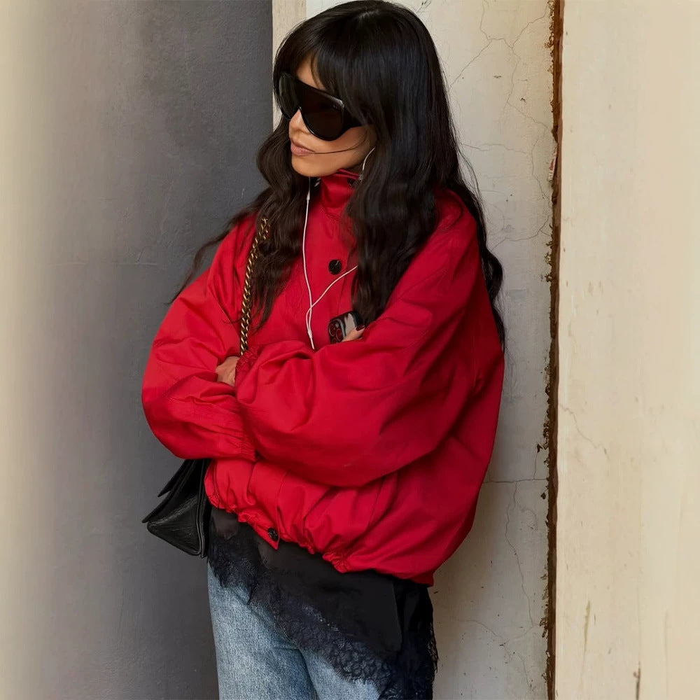 Women's Short Boxy Bomber Jacket with Drawstring and Balloon Sleeves Mune Fashion