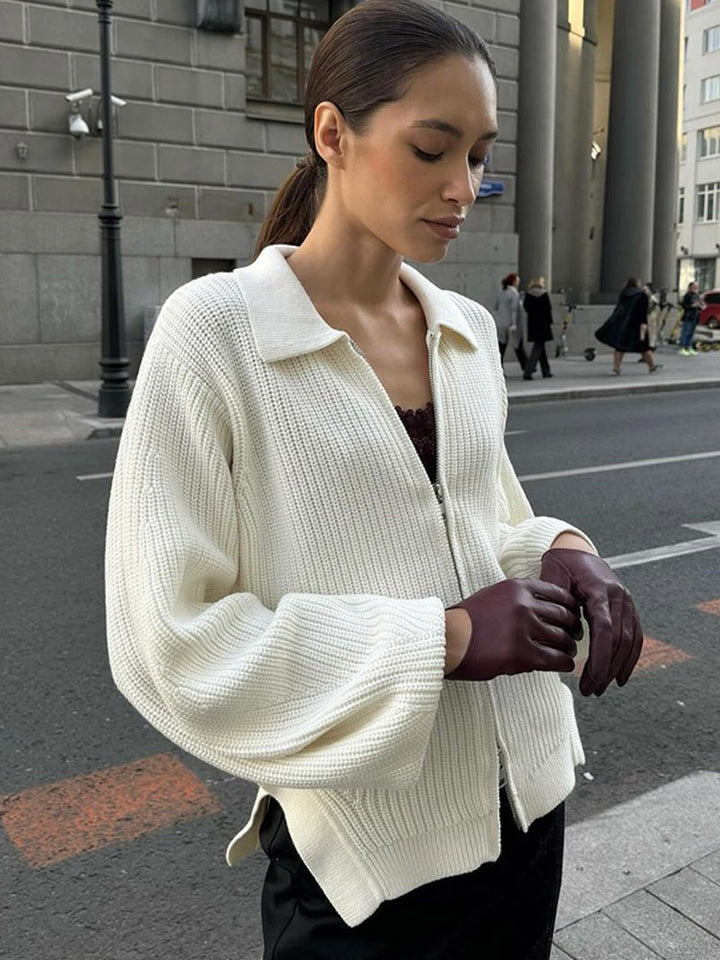 Women Ribbed Cardigan with Zipper, Shirt Collar & Balloon Sleeves Mune Fashion