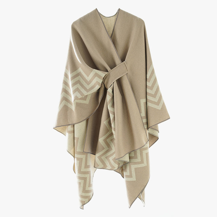 Women's Oversize Rectangle Cape with Jacquard Zigzag Pattern and Ties Belt Mune Fashion
