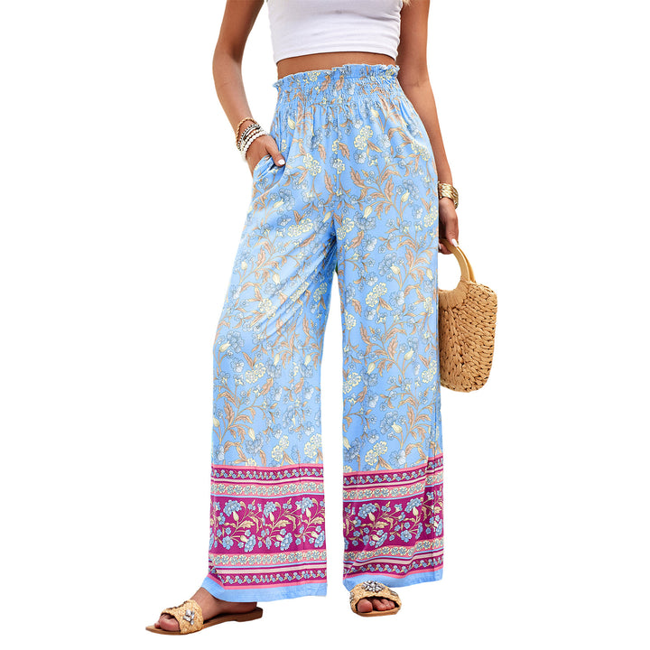 Women's wide Palazzo pants with gathered waistband, side pockets, and floral Boho print Mune Fashion