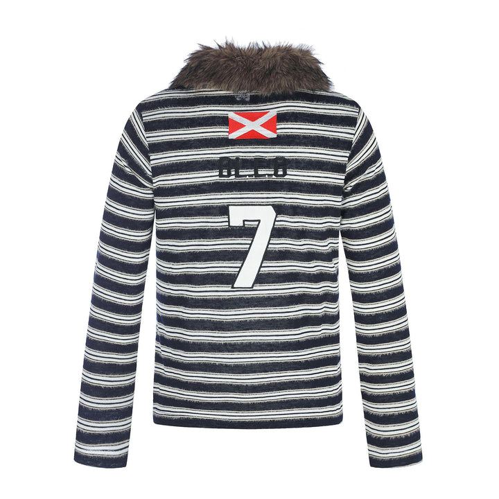 Women's Striped Long Sleeve Polo Shirt with Faux Fur Collar Mune Fashion