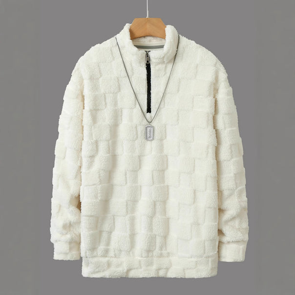 Men's Checked Sherpa Half-Zip Pullover with High Stand Collar and Soft Teddy Fleece Quality Mune Fashion