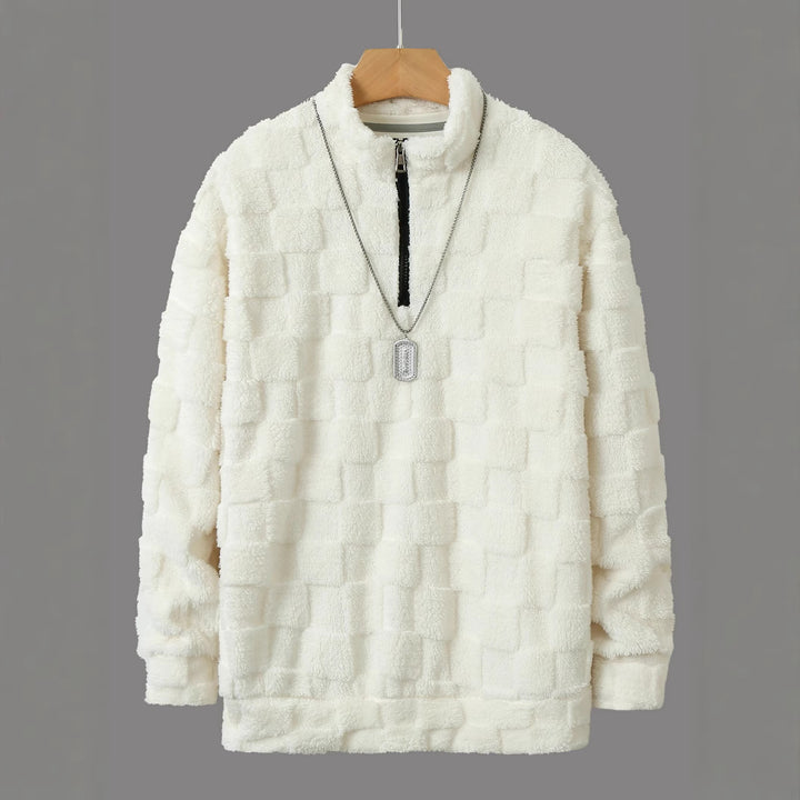 Men's Checked Sherpa Half-Zip Pullover with High Stand Collar and Soft Teddy Fleece Quality Mune Fashion