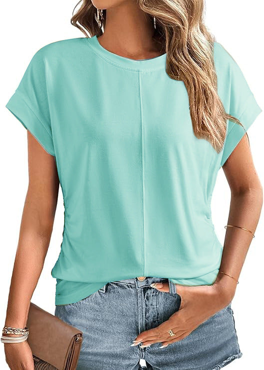 Women's Relaxed-Fit Short Sleeve Shirt with Decorative Center Seams and Cuffed Sleeves Mune Fashion