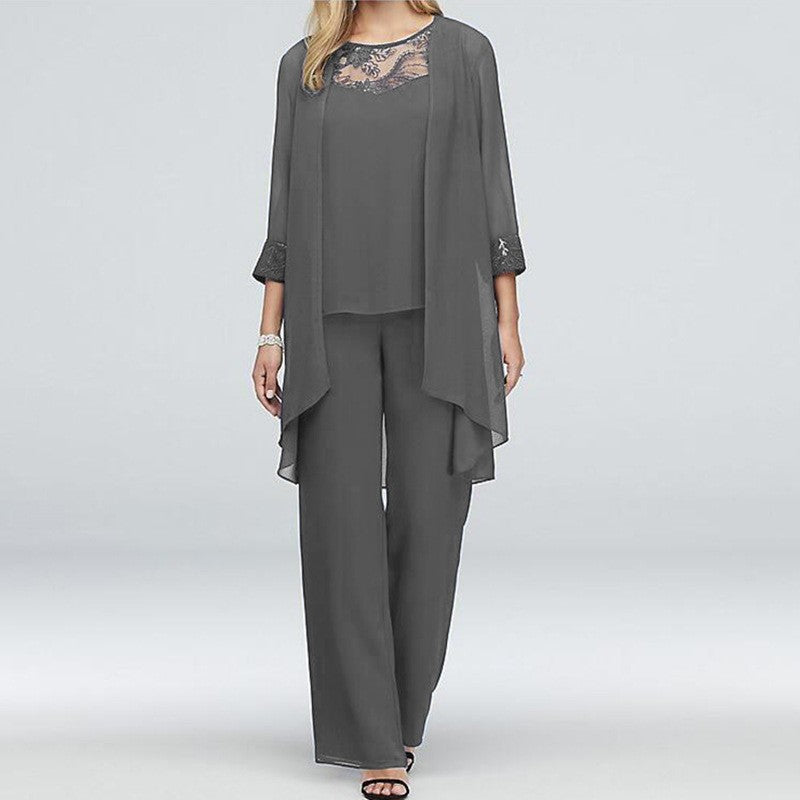 Women's flowing chiffon evening ensemble with lace trim, kimono cardigan and wide palazzo pants Mune Fashion