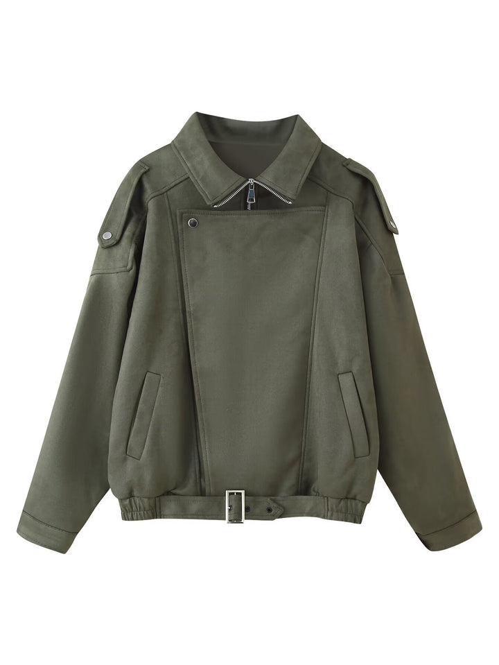 Women's short jacket in biker blouson style with belt and asymmetrical flap Mune Fashion