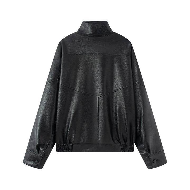 Women's nano asymmetric oversized faux leather jacket with stand-up collar, shoulder epaulettes and drawstring hem Mune Fashion