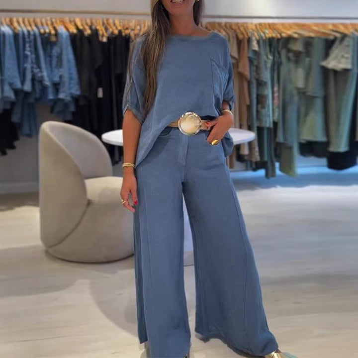 Women's Linen Blend Two-Piece Set with Boxy Oversized Shirt, Chest Pocket and Wide Palazzo Pants Mune Fashion