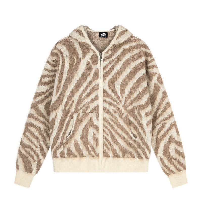 Women's Fluffy Zip Hoodie Cardigan with Zebra Jacquard and Kangaroo Pocket Mune Fashion