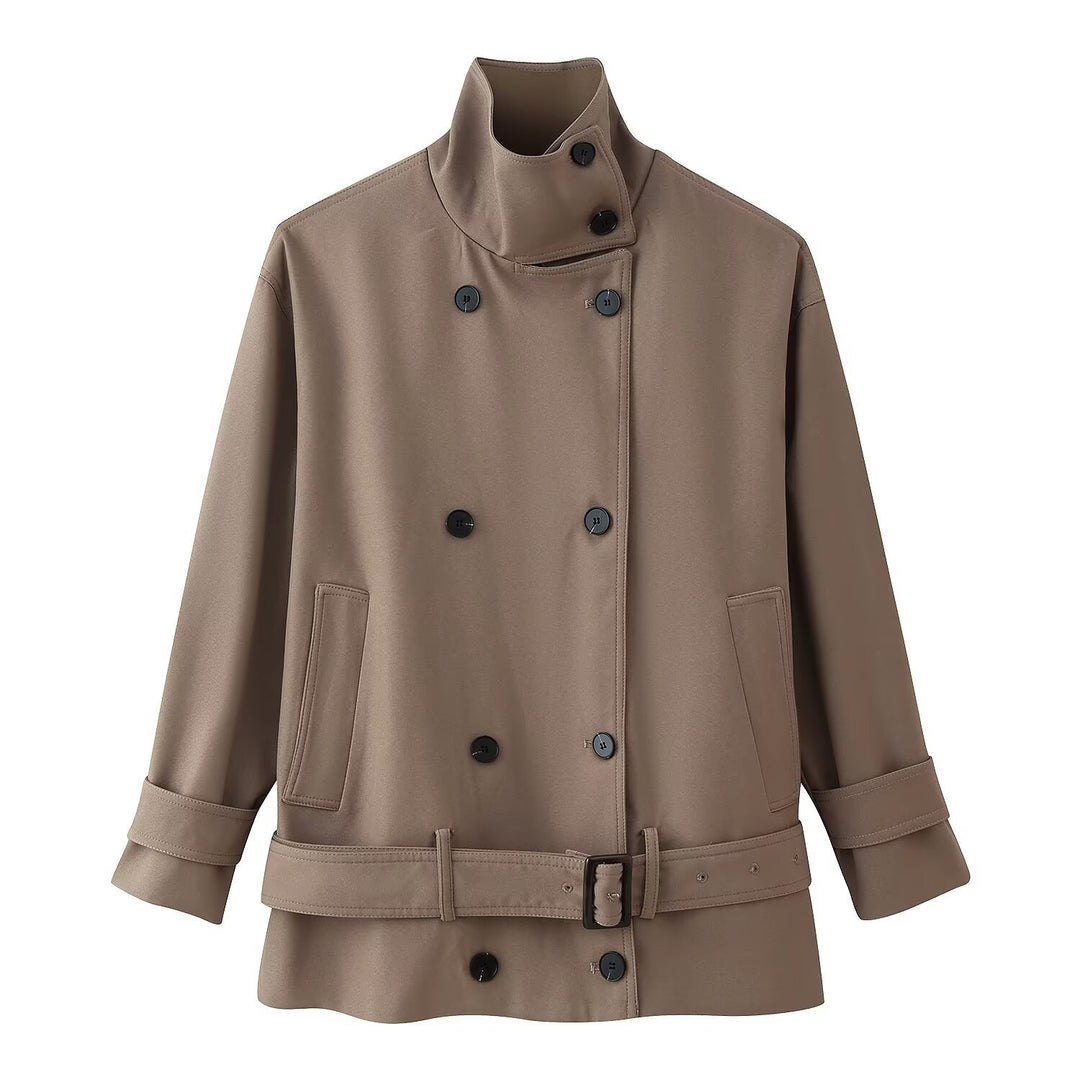 Women Short Double-breasted Trench Coat with Stand-up Collar and Waist Belt Mune Fashion