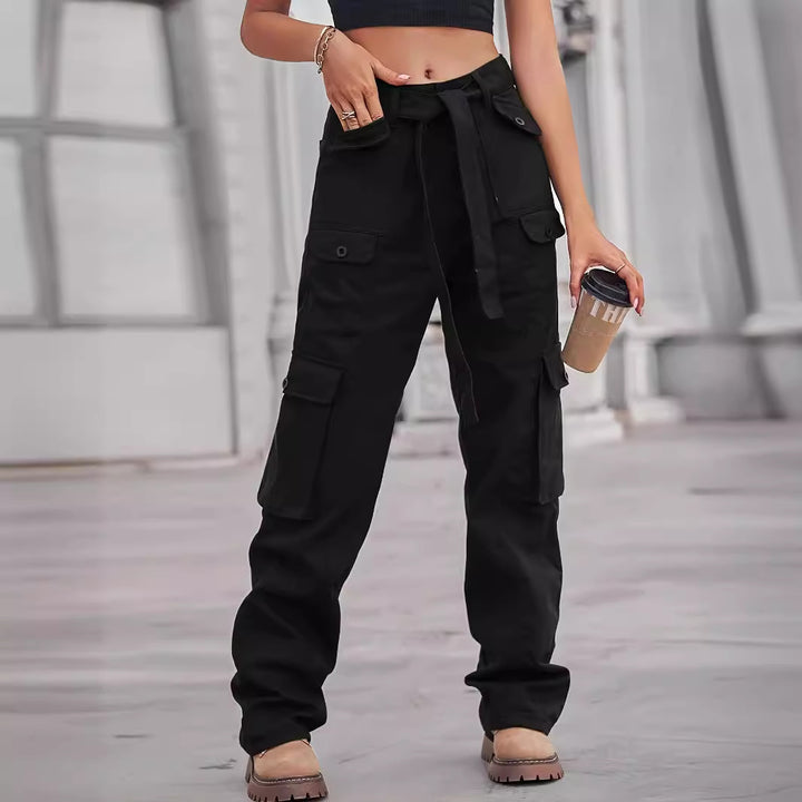 Ladies cargo pants with high waist, tie belt, and multiple flap pockets Mune Fashion