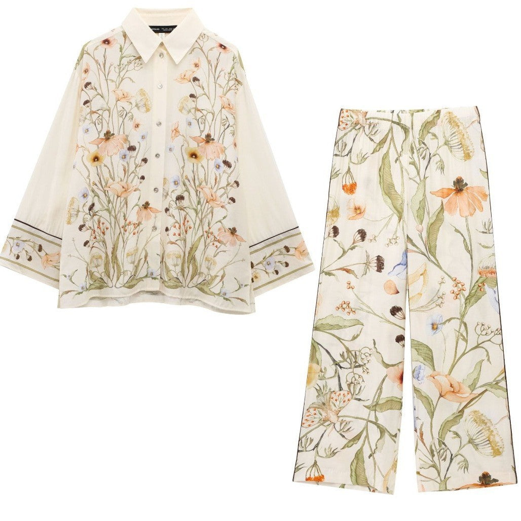 Women's wide linen pants with high waist, palazzo cut and floral watercolor print Mune Fashion