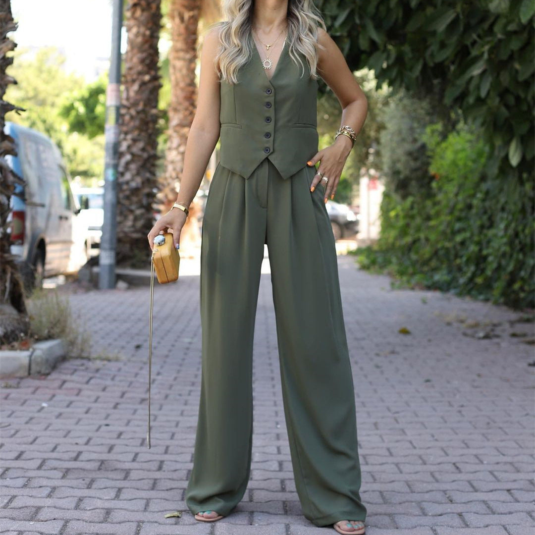 Ladies Elegant Two-Piece with Fitted Vest and Wide Palazzo Pants Mune Fashion