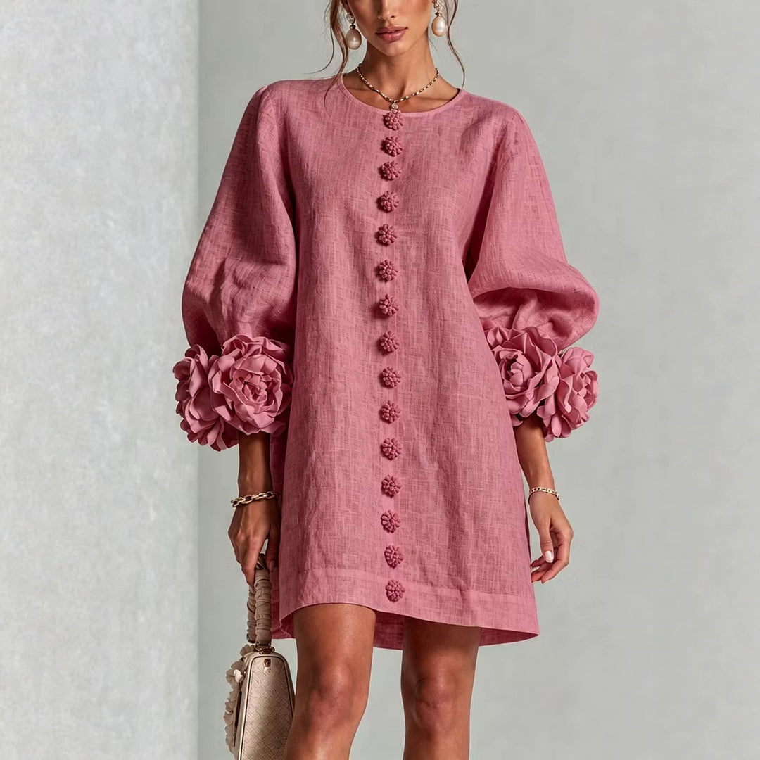 Ladies linen dress in A-line cut with balloon sleeves and 3D flower decoration Mune Fashion