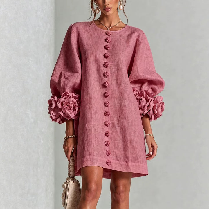Ladies linen dress in A-line cut with balloon sleeves and 3D flower decoration Mune Fashion