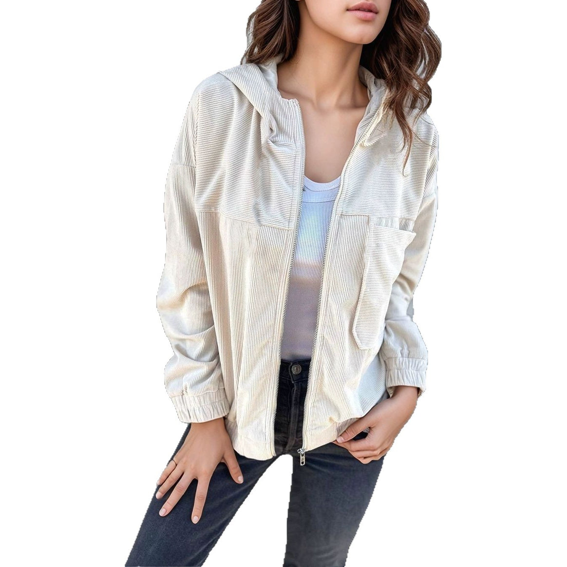 Women's cord zip jacket with hood, ribbed structure and side pockets Mune Fashion