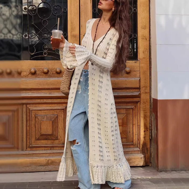 Women Long Crochet Knit Cardigan with Bell Sleeves and Open Front Drune
