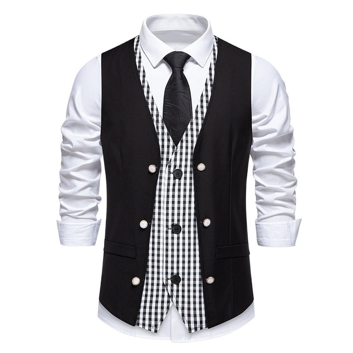 Men's two-piece layered vest with contrasting checkered inner leg and decorative mother-of-pearl buttons Mune Fashion