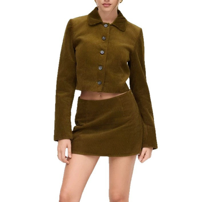 Women's Pleated Short Jacket with Shirt Collar and Turned-up Cuffs Drune