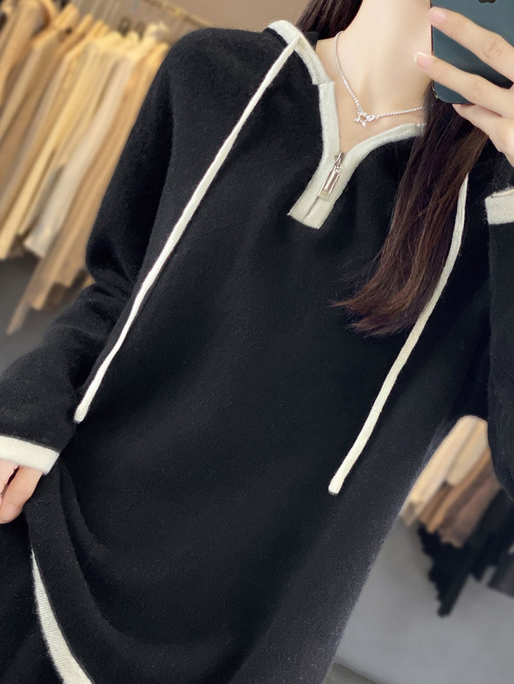 Women's Knit Relax Set with Hood, Wide Leg and Side Contrast Stripe Mune Fashion