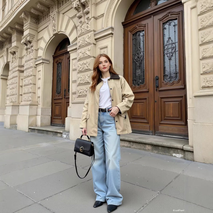 Women Oversized Transitional Jacket with Contrast Collar and Drawstring Mune Fashion